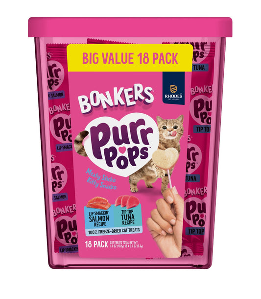 BONKERS Purrpops Freeze-Dried Tuna & Salmon Flavored Lollipop Treats for Cats  18 Pack