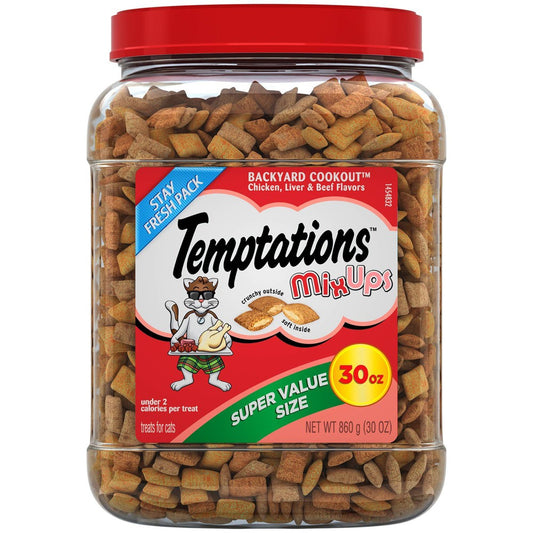 Temptations Mixups Backyard Cookout Flavor Crunchy and Soft Cat Treats  30 Oz Tub (OPENED)