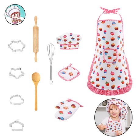 Cute Kids Aprons for Girls Boys  Chef Hat Apron (White) Dress up Chef Costume for Toddlers Age 3-8  Little Girls Chef Set Pretend Play Cooking Baking