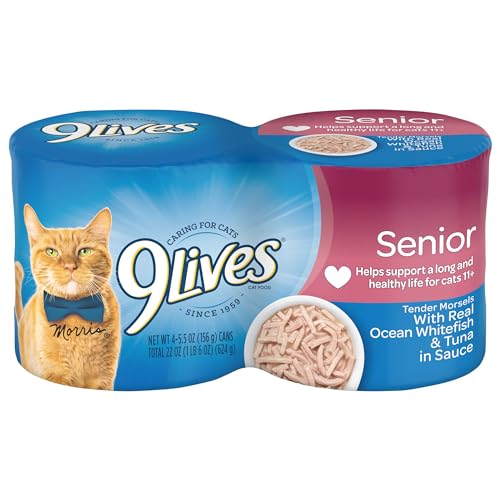 9Lives Wet Senior Cat Food  Tender Morsels with Real Ocean Whitefish & Tuna in Sauce  5.5 Ounce Can (Pack of 4)